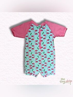 Pink Flamingo Short-Sleeve Baby Swim Romper (Size 6-12m)